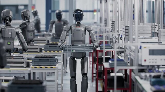 3D Animation: Human Like Robot Working in Industrial Environment. He is Moving Box with Tools. At a Factory Autonomous AI-Powered Humanoid Robot Walking. Industrial Automation AI-Accelerated