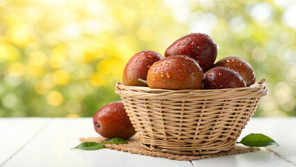 Jujubes in basket with water drop on surface in natural warm sunlight background