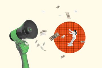 Exclusive 3d pop poster art collage of happy businesswoman jump hand hold megaphone money banknote income bonus jackpot concept