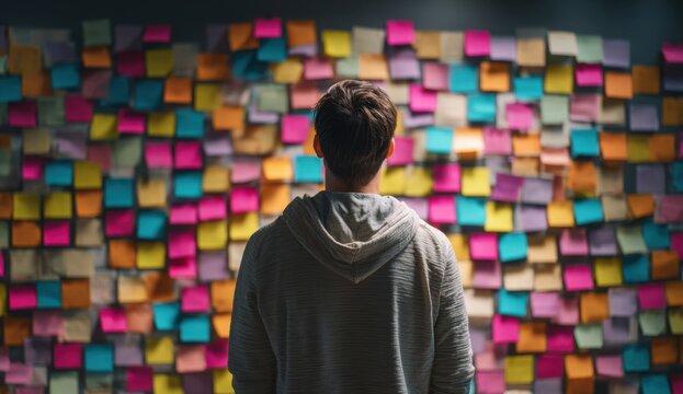 Person Standing in Front of Wall Filled with Colorful Sticky Notes for Planning