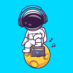 Cute Astronaut Listening Music With Boombox On Moon 
Cartoon