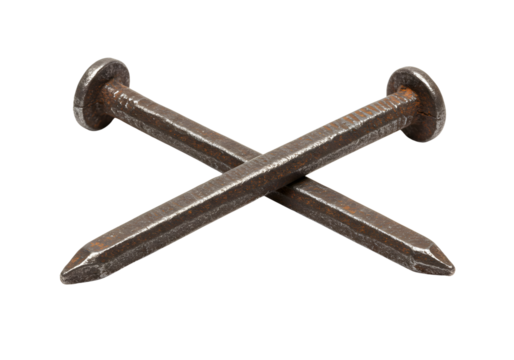 Two antique square head nails crossed isolated on transparent background