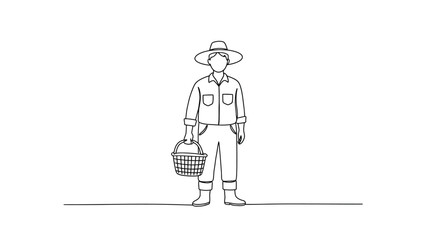 Simple line drawing depicts a farmer with a basket and hat