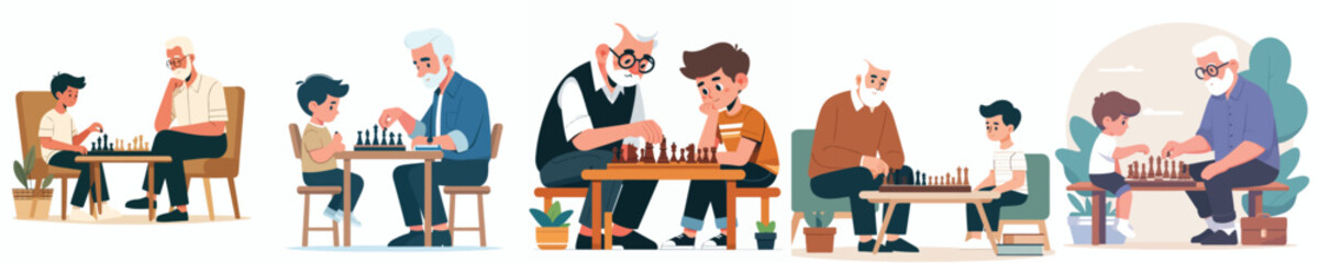 vector of a grandfather playing chess with his grandson