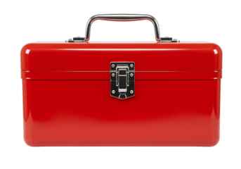Classic red metal toolbox with latch and handle isolated on transparent background