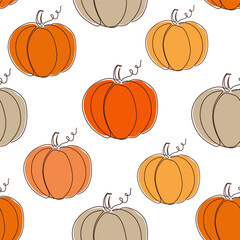 Pumpkin seamless pattern on a white background. Halloween or Thanksgiving color texture. Vector illustration decoration texture wallpaper with vegetable. Pattern with orange pumpkins in flat style.