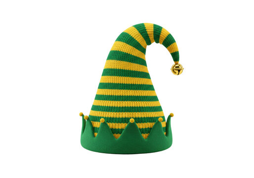 Isolated striped Christmas elf hat with gold bell at the end for party time and festive season