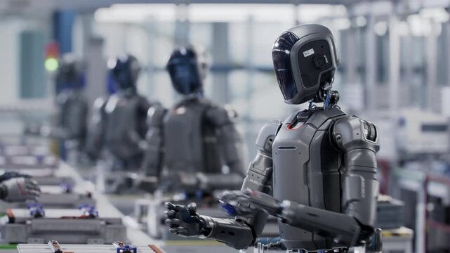 3D Animation: Close-up of Autonomous AI Powered Humanoid Robots Stand in a Row and Work. Advanced Robot Working on Assembly Line in Industrial Environment. Industrial Automation AI Accelerated.