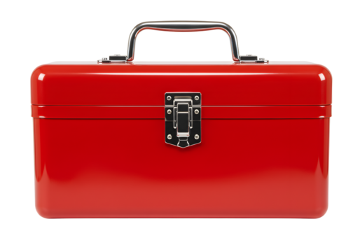 Classic red metal toolbox with latch and handle isolated on transparent background