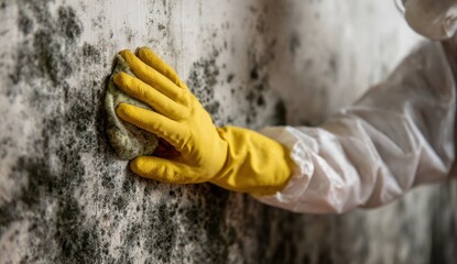 Person wearing protective gloves and suit cleaning mold from a wall with a sponge for safety