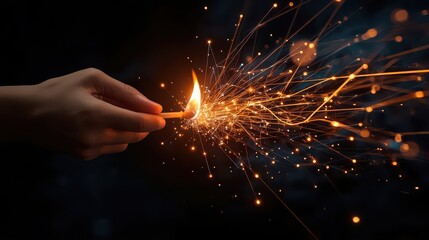 A hand holding a lit match with sparks flying out against a dark background in a close up shot