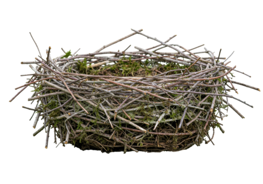 Isolated craft bird nest, an empty springtime basket made of twigs and green moss