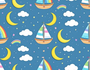 Colorful Seamless Pattern of Sailboats, Moons, Clouds, Rainbows, and Stars
