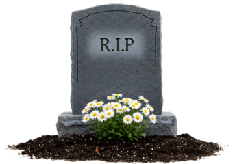 Stone tombstone with rip inscription and flowers isolated on transparent background