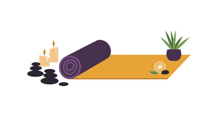 A peaceful yoga scene with mat candles stones and a plant