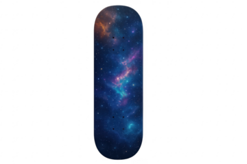 Skateboard deck displaying cosmic nebula design on transparent background