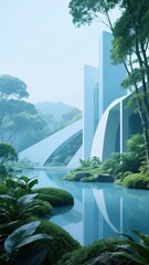Modern architectural structure integrated into a lush, serene natural landscape with reflective water and greenery