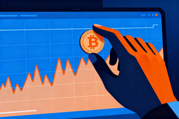 Hand interacting with digital bitcoin on screen