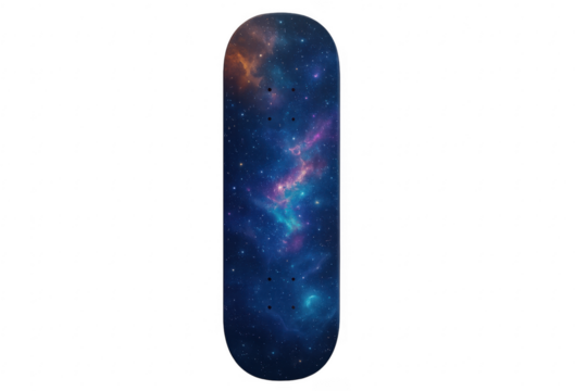 Skateboard deck displaying cosmic nebula design on transparent background