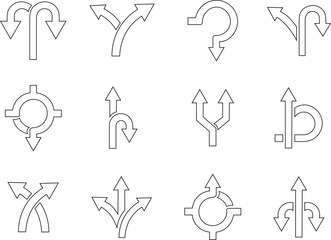 Fototapeta premium Road or way direction outline arrow icon set. One-way, Two-way, Three-way direction arrow sign. Fork sign, Way pointer symbol. Turn arrow navigation sign. Traffic route. Vector illustration ! 