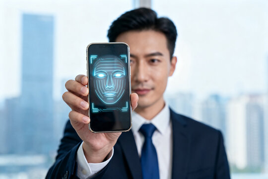 Man holding smartphone with face scan