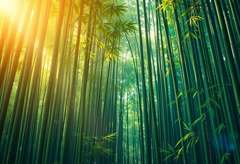 Fototapeta premium Stunning anime-style Kyoto bamboo forest background Vibrant greens, ethereal light, design, digital art