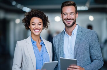 Professional diverse businesspeople smiling and holding digital tablets in