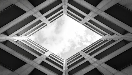 Brutalist Concrete Architecture with Symmetrical Design, Look-up View