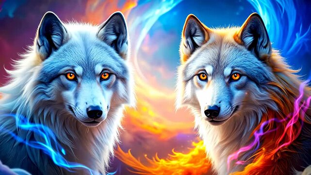 Two majestic wolves with glowing eyes, surrounded by vibrant cosmic energy, symbolizing balance and duality in a fantasy setting.