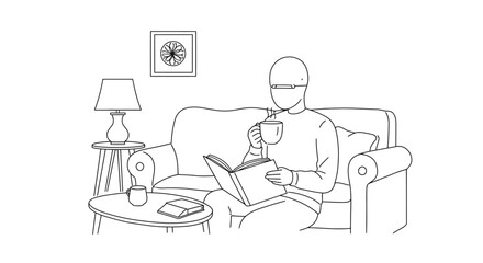 A person relaxes on a sofa reading and drinking from a mug