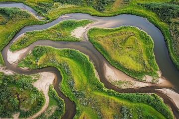 Serpentine river channels winding through lush green landscapes.