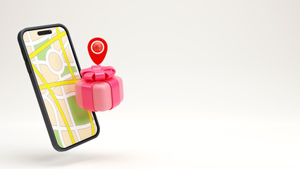 3d rendering of Location pin over a gift box and smartphone with map, Online business symbol