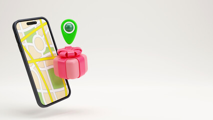 3d rendering of Location pin over a gift box and smartphone with map, Online business symbol