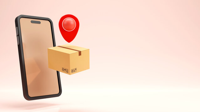 3d rendering of Red location pin and smartphone with carton boxes on white background, Online business icon