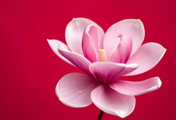 Fototapeta premium Close-up of a beautiful pink magnolia flower with delicate petals against a vibrant red background, showcasing its intricate details.