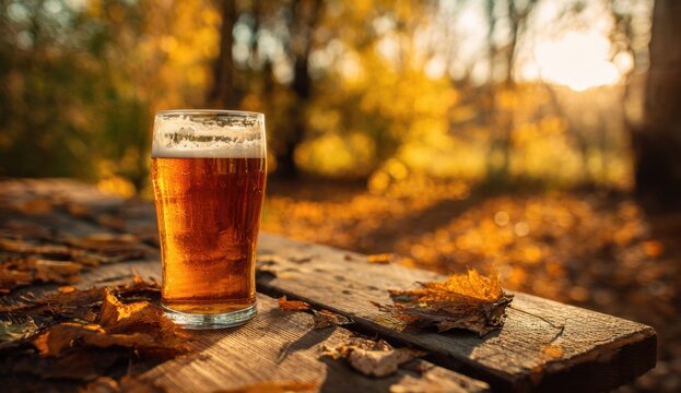 Refreshing cold beer in a glass placed on a rustic wooden table outdoors during autumn sunset