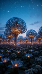 Luminous Fantasy Light Tree Forest. Glowing Flowers Nightscape.