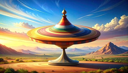 Colorful Spinning Top with a Landscape Background under a Beautiful Cloudy Sky