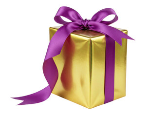 Isolated golden gift box, wrapped with purple ribbon and satin bow for birthday present