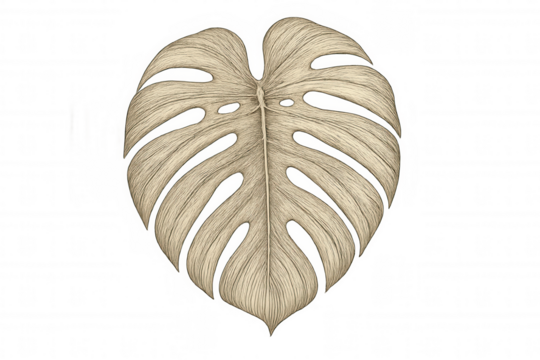Monstera leaf botanical drawing. Vintage tropical plant illustration with beige texture on transparent background