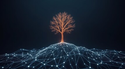 A digital tree with bare branches growing from a glowing network on a dark background art concept