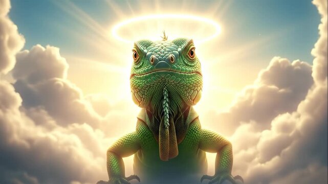 Iguana with Halo in the Sky - A green iguana stands in a heaven like scenery. The sky is sunny and full of clouds while the iguana has a bright halo above its head.