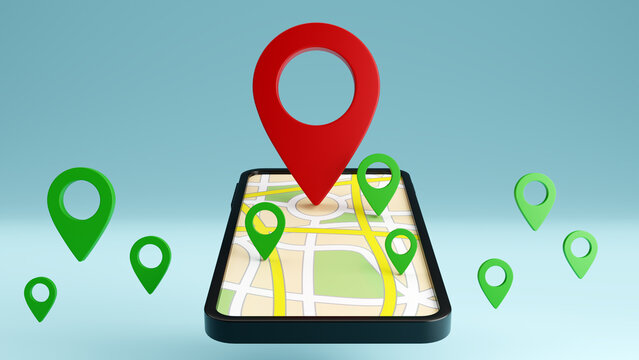 Red and Green navigator pin checking with a map on smartphone background, 3d rendering illustration