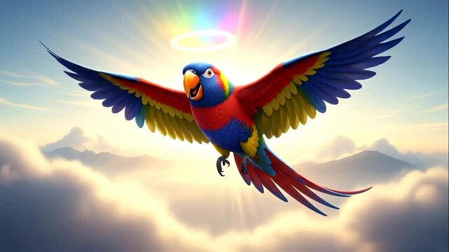 Flying Parrot with Halo - A vibrant cartoon parrot soars through a blue sky filled with soft, white clouds.