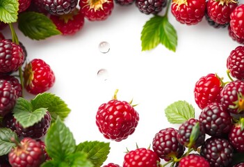 Single raspberry falling, surrounded by others, isolated on white,  still life,  ripe