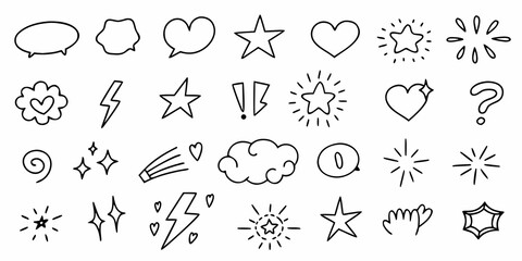 Collection of hand drawn doodle icons including stars hearts clouds lightning bolts and speech bubbles
