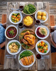 Festive Dinner Table with Roast Turkey and Colorful Sides