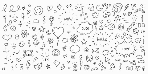 Collection of hand drawn doodle elements including hearts stars flowers lightning bolts and speech bubbles © Milton