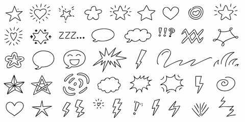Collection of hand drawn doodle icons including stars hearts flowers speech bubbles lightning bolts and exclamation marks