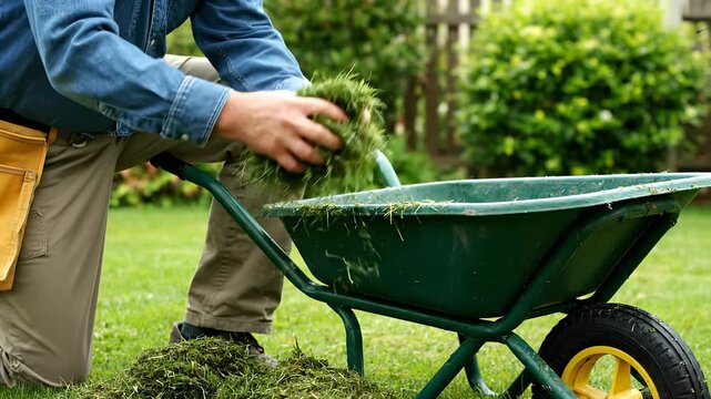 A man gathers grass next to a wheelbarrow as the man piles grass for yard cleaning. The man in a blue shirt organizes grass to efficiently fill the wheelbarrow.
